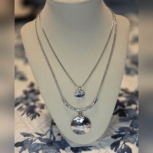 Lia Sophia Hammered Disc Layered Necklace Silver Tone Boho Statement Jewelry